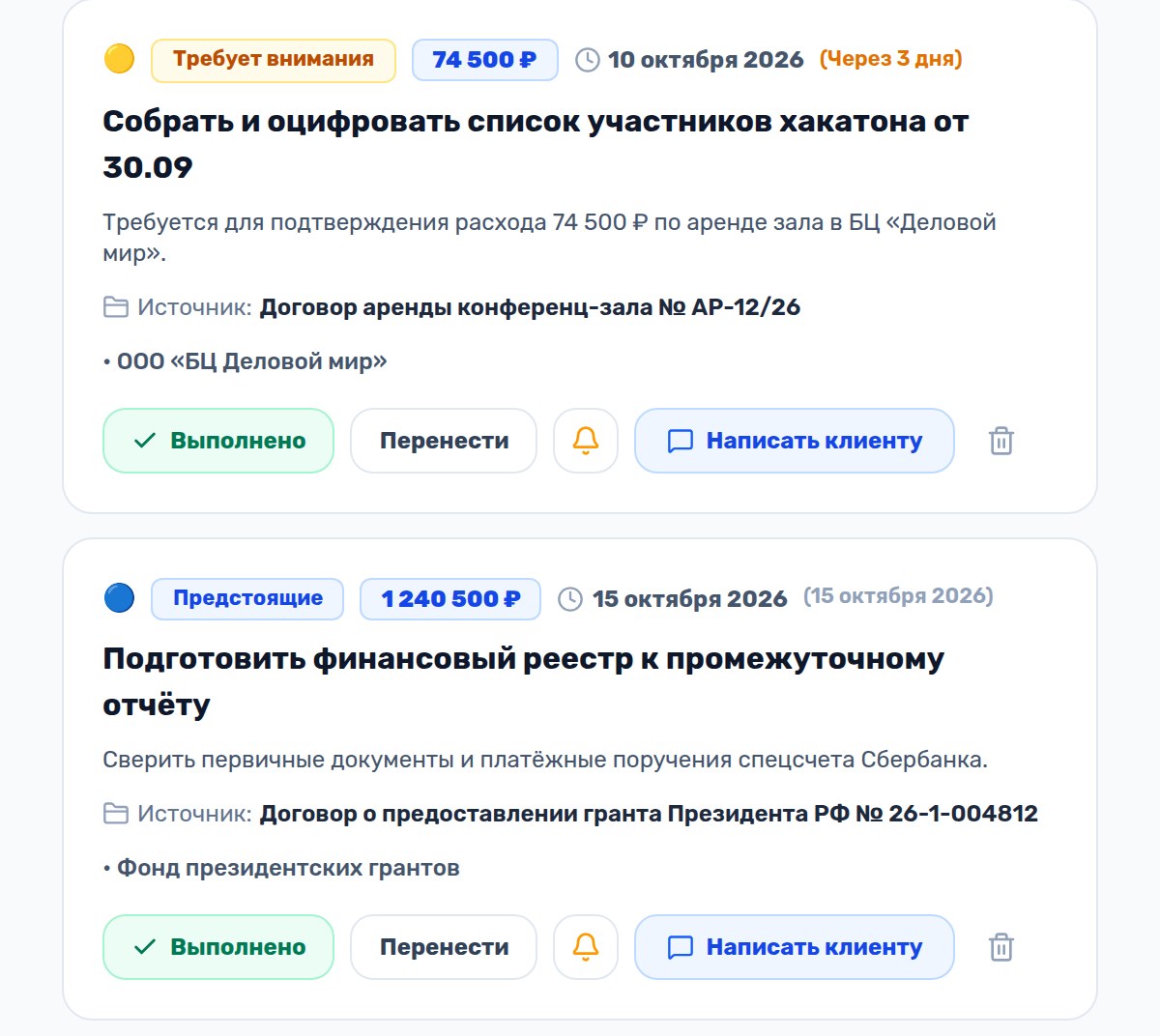 Список задач с ответственными и сроками